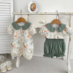 INS夏季新款甜美女童圓領撞色哈衣套裝女寶寶時尚印花短爬姐妹裝