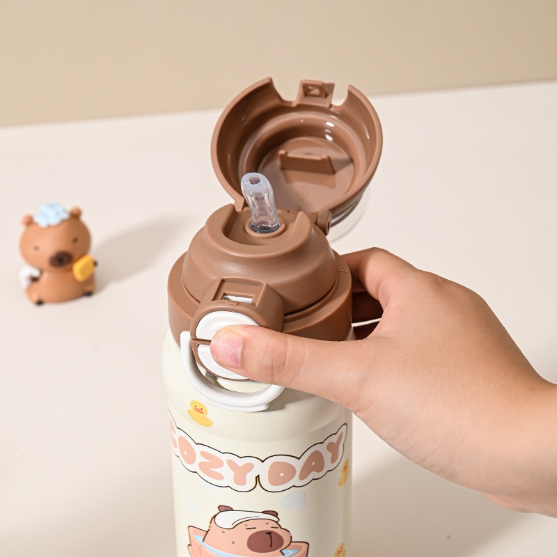 Taza de acero inoxidable de alta calidad de dibujos animados de alta capacidad de impresión 3D de moda encantadora taza de agua de paja portátil tres tazas de bebida