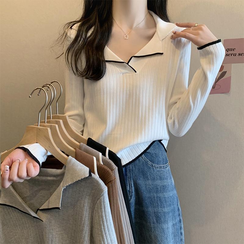 Polo collar pullover knitted bottoming shirt women's 2024 autumn new long sleeve t-shirt sweater autumn coat spring and autumn