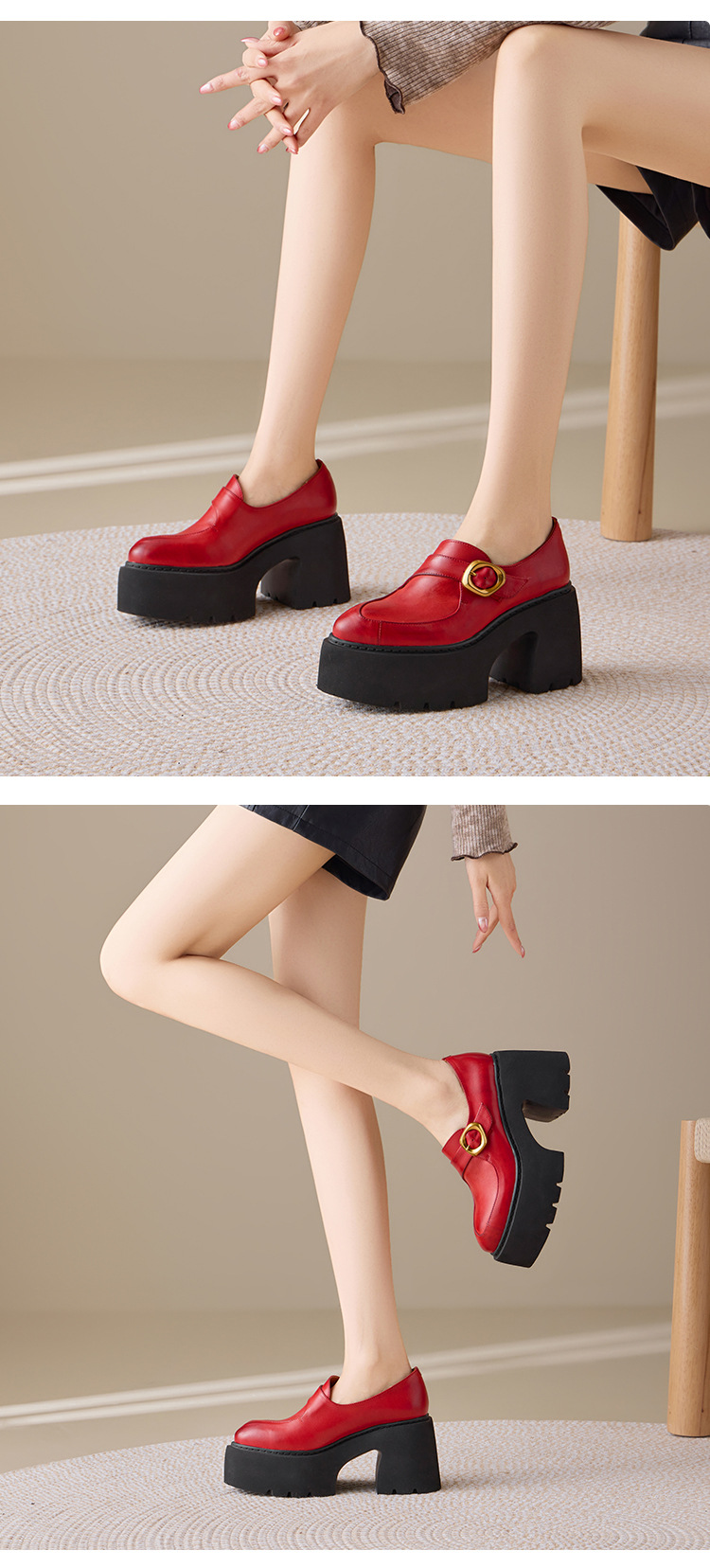Giày loafer nữ da bò cao cấp gót vuông 10 cm, mũi nhọn khóa dây, đế dày — màu đen, màu đỏ chi tiết 7