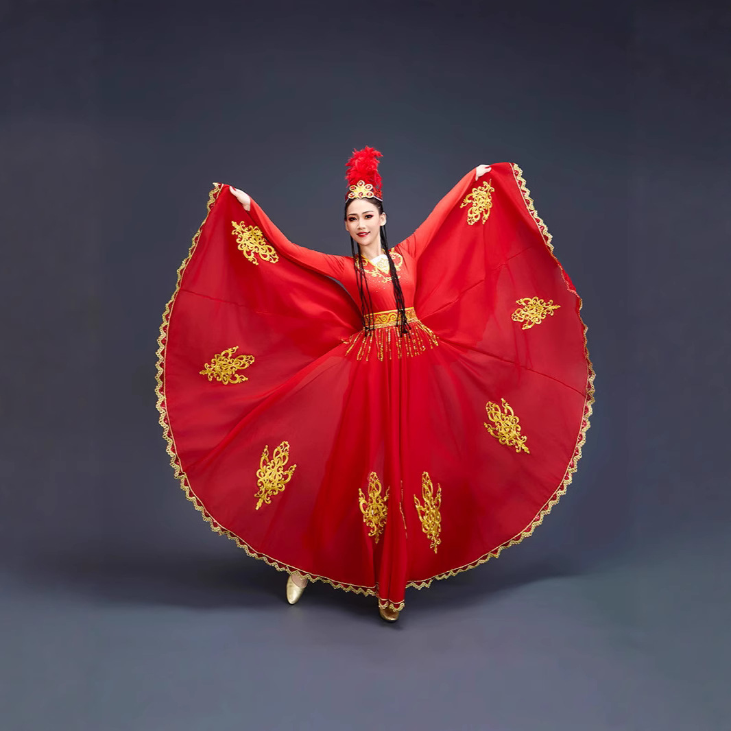 新疆舞蹈演出服新款伴舞裙维吾尔族民族广场维族回族开场舞气质