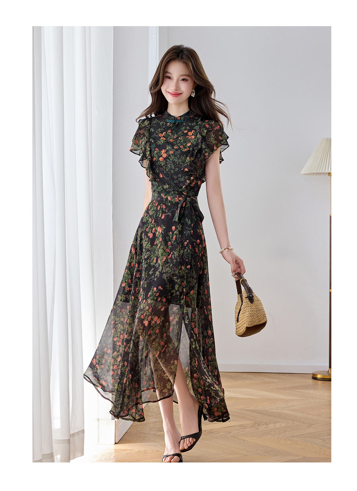 Đầm maxi nữ thắt eo họa tiết hoa nhí hai dây mặc hai kiểu Z5718 — Hoa đỏ, Chấm tròn chi tiết 17