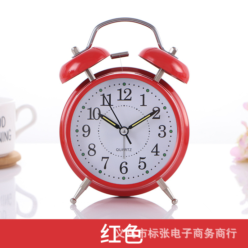 Directo de fábrica de 4 pulgadas de metal campana de alarma reloj despertador mudo estudiante despertador luminoso puede establecer el logotipo