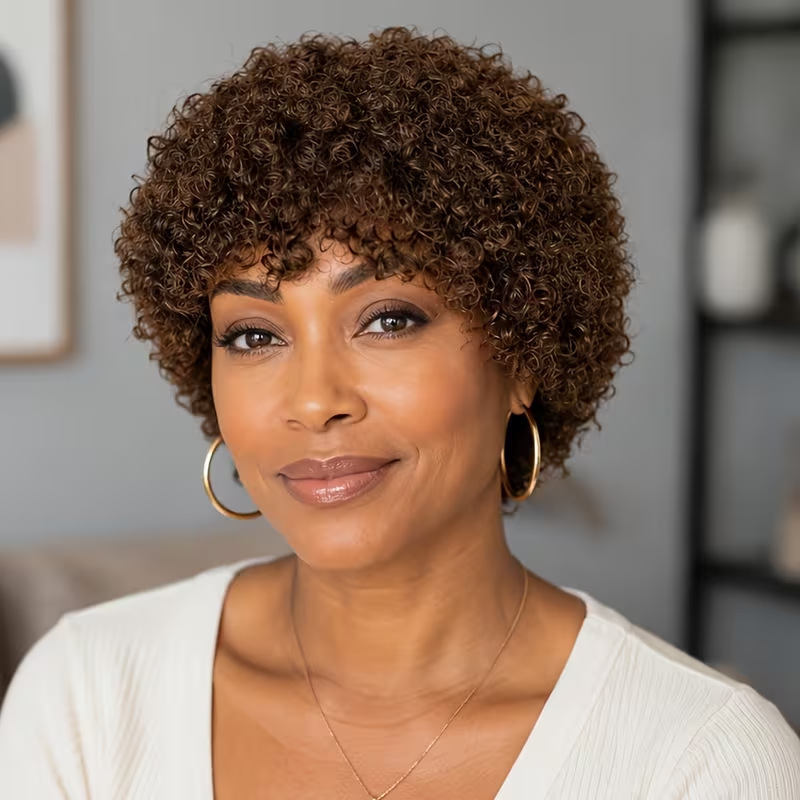 Short brown curly wig for export, suitable for African women, with a voluminous fringe and natural pixie curls, designed for cross-border sales Short brown curly wig for export, suitable for African women, with a voluminous fringe and natural pixie curls, designed for cross-border sales