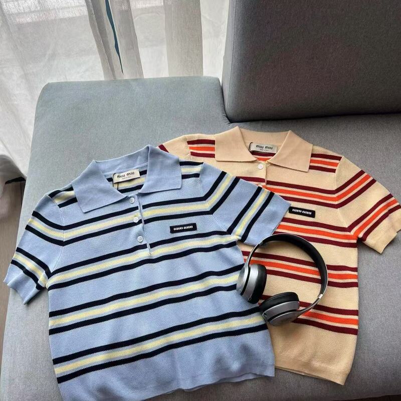 Zhang Yuanying's Same Style Nanyou High-Definition Stripesd Control Casual Contrast Color Short-Sleeved Women's Polo Knitwear Girly Style Japanese Style Style