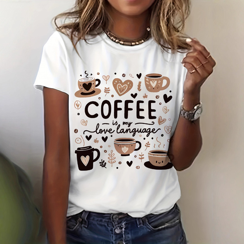 Foreign Trade Summer Fashion Short-Sleeved Coffee Pattern Print - "Coffee Is My Love Language" T-Shirt for Women