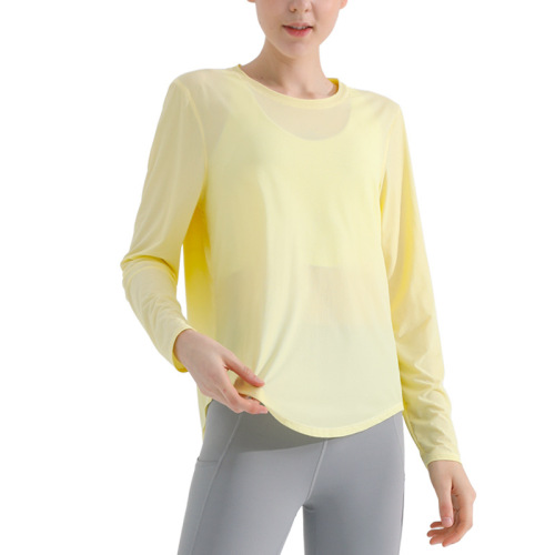 New long-sleeved sports tops for women, nude-feeling, beautiful back fitness clothes, quick-drying, breathable, loose running sun protection yoga cover-ups