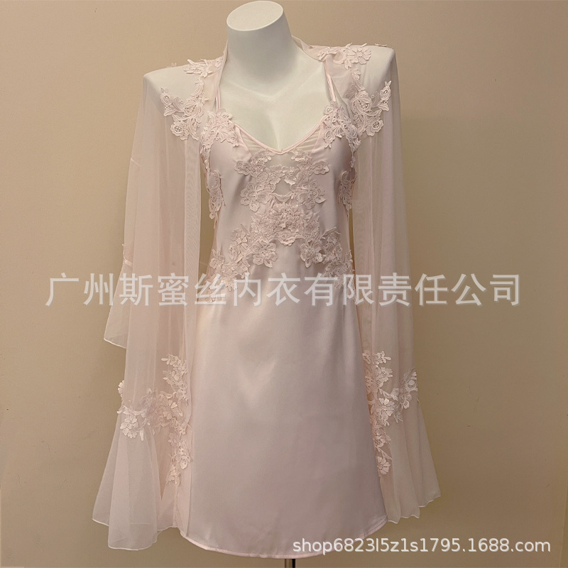 French Style Light Luxury Sexy Pajamas Women's Pure Ice Silk Sling Nightgown Mesh Gown Sweet suit Home Clothes