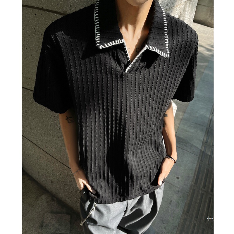 Hand-Stitched Wheat Ear Pattern Polo Shirt for Men, 2026 Summer New Style, Old Money Quiet Luxury Style, Boxy Fit, Turn-Down Collar, Short-Sleeve T-Shirt