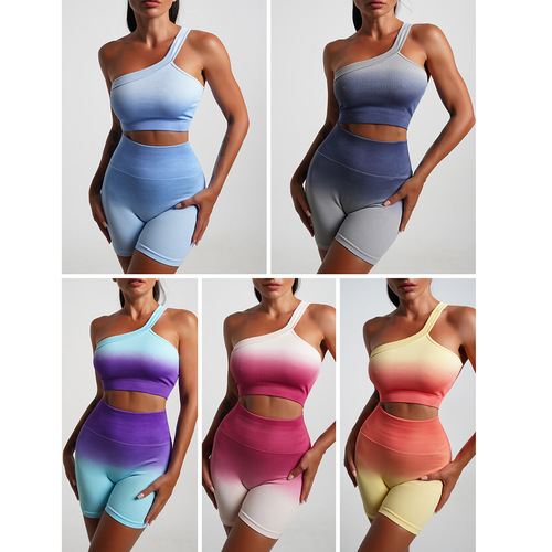  Summer European and American Gradient Women's Yoga T-Shirt + Short-Sleeve Sports Shorts – Tight, Midriff-Baring, Stretchy Two-Piece Set for Women