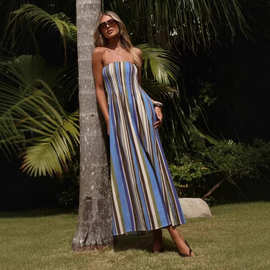 条纹无袖抹胸露肩连衣裙女Striped strapless off shoulder dress