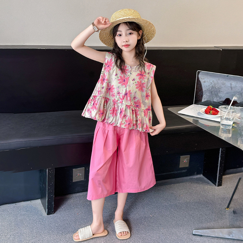 Und Mädchen Sommer Kleidung 2024 Neue Mittlere bis Große größe Floral Überkleidung, Bein Hosen, kinder Countryside Stil Zwei_voghion.com