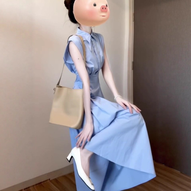 French Sweet and Fresh Blue Sleeveless Shirt Dress Summer New Waist Slimming Commuter Simple Mid-Length Skirt