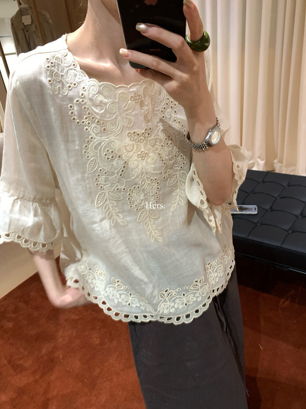 Áo sơ mi tay ngắn nữ ren hở lưng phong cách Pháp — Xanh da trờicolor, màu mơ chi tiết 4