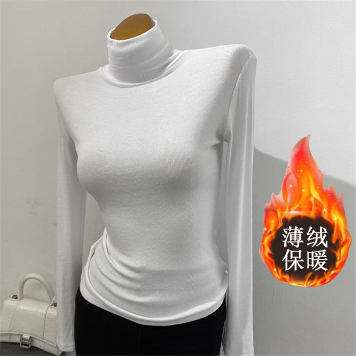 高领长袖T恤2025新款女秋冬白色紧身磨毛保暖上衣弹力内搭打底衫|undefined