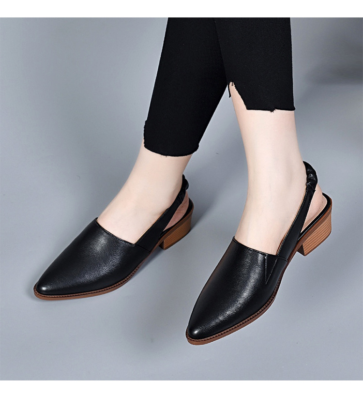 Dép sandal nữ da thật mũi nhọn gót trung bình quai chữ V — Màu đen chi tiết 6