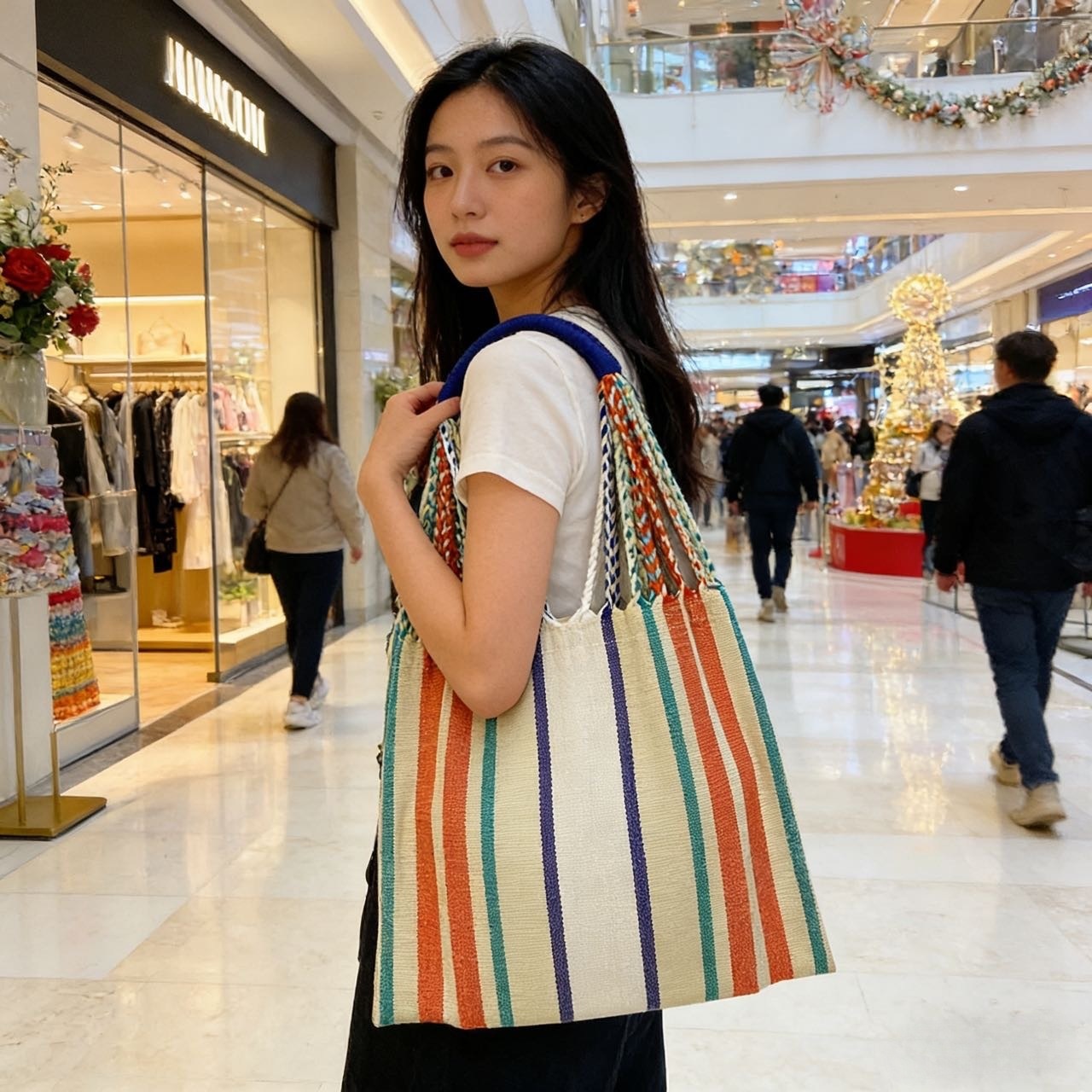 玛尼日韩包包大容量手工手提袋女条纹梭织晴纶托特包厂家现货批发