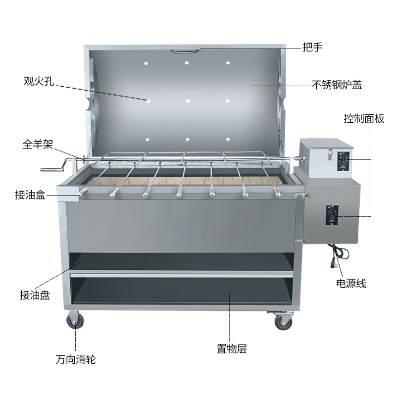 Stainless Steel Charcoal Smokeless Grill for Roasting Whole Sheep, Lamb Legs, Rabbit, Lamb Chops, and Chicken