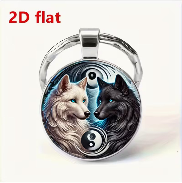 Cross-Border Hot-Selling Black and White Wolf Design Round Glass Alloy Keychain Pendant Bag Car Accessories Cross-Border Hot-Selling Black and White Wolf Design Round Glass Alloy Keychain Pendant Bag Car Accessories