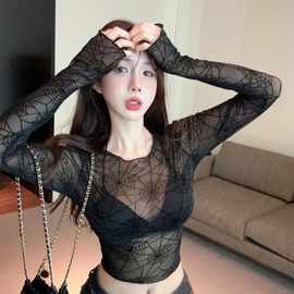 法式辣妹小众独特设计感植绒长袖T恤网纱透视薄款显瘦短款上衣女