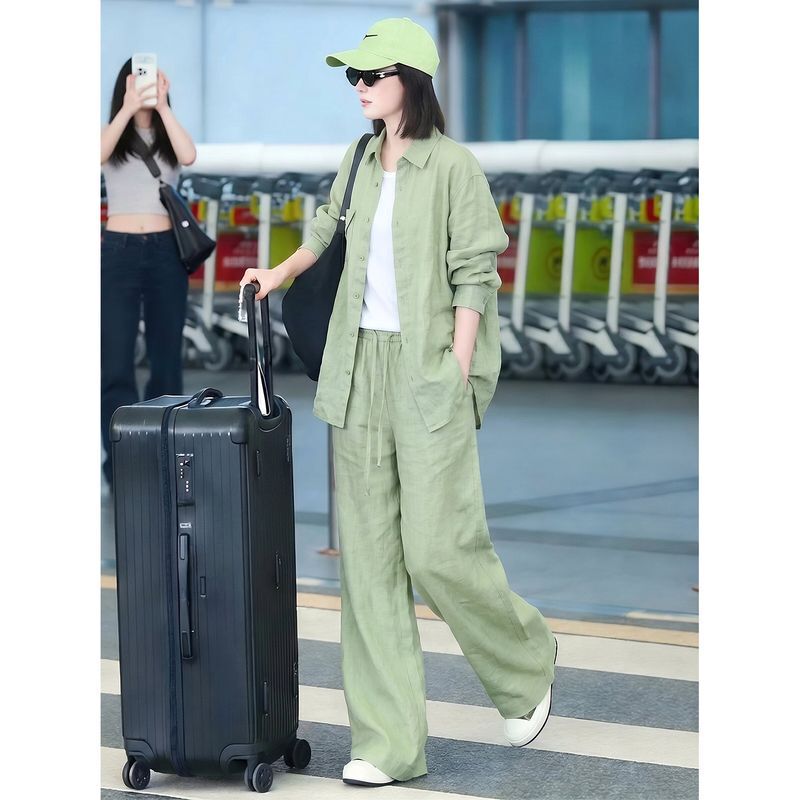 Mint Green Fashionable Imitation Linen Shirt Suit for Women 2026 Summer New High-End Light Luxury Shirt and Pants Two-Piece Set