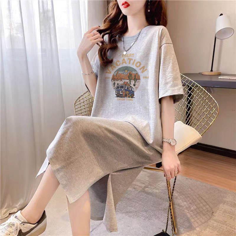 Long Over-The-Knee Slit Gray Short-Sleeved T-Shirt for Women 2025 New Summer Half-Sleeved Slim Loose T-Shirt Dress