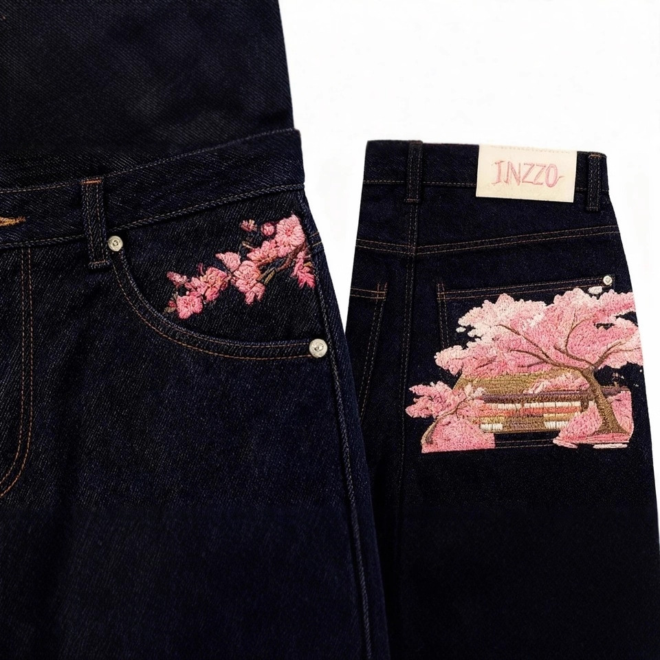 Millenial Europa y América cruzando fronteras estilo americano retro estilo de tendencia Jeans Harajuku flores de cerezo bordadas pantalones casuales