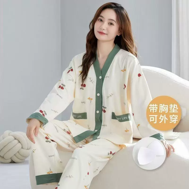 2025 высококачественные пижамы из чистого хлопка с подушечками для груди для женщин, весенне-осеннее кимоно, состоящее из двух частей, можно носить вне осенней и зимней домашней одежды.