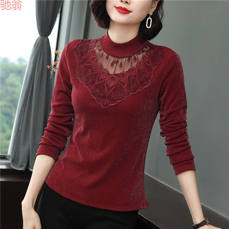 Y9Z Semi-high Collar Base Shirt Women's Autumn and Winter Lace Long-sleeved T-shirt Inner Shirt Western Style Spring and Autumn Middle-aged and Elderly Mothers