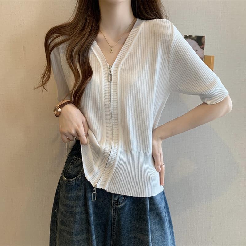 Más tamaño de las mujeres de estilo coreano que cubre el vientre de seda de hielo de manga corta de fondo suéter de imitación de verano de las mujeres chica gordita que adelgaza la cremallera del hombro image 3