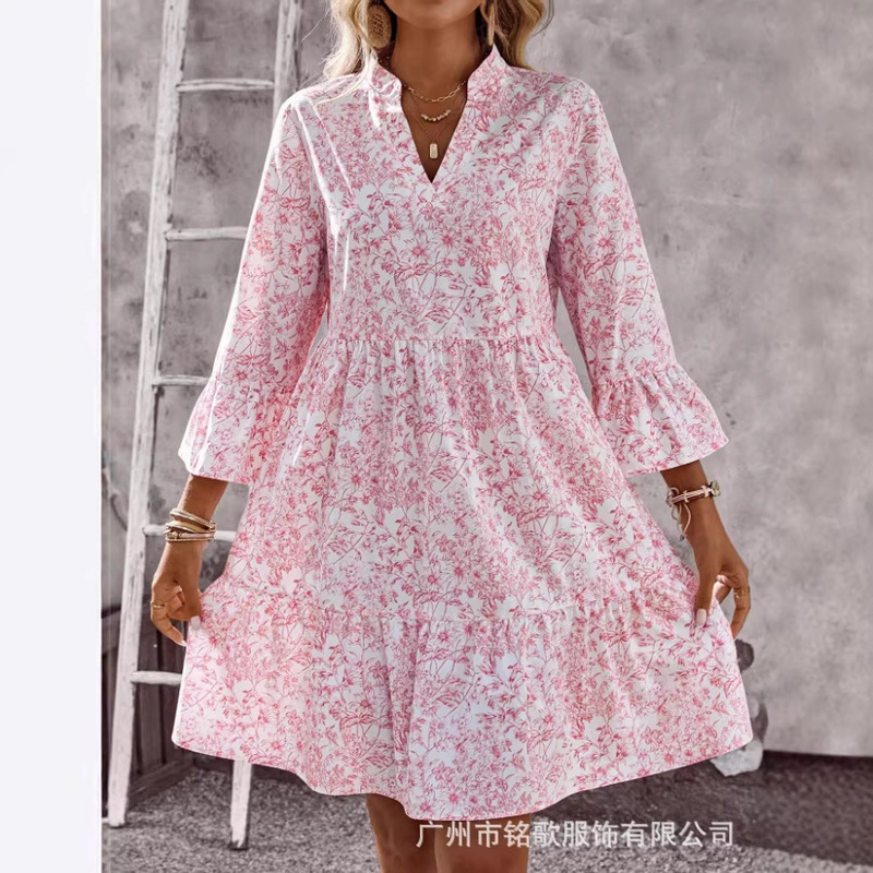 European and American Cross-Border Foreign Trade Spring New Fashion Elegant Women's Multi-Color Pattern Printed Three-Quarter Sleeve V-Neck Dress European and American Cross-Border Foreign Trade Spring New Fashion Elegant Women's Multi-Color Pattern Printed Three-Quarter Sleeve V-Neck Dress