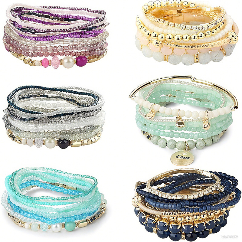 Amazon's Hottest 6 Sets of Bohemian Stackable Crystal Beaded Bracelets Multi-Layered Women's Elastic Jewelry Set