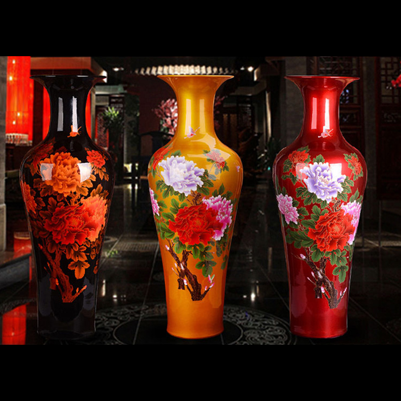 景德镇陶瓷大花瓶 水晶釉牡丹花开富贵新房客厅落地1米装饰品摆件