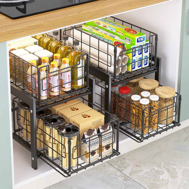 クロスボーダー折りたたみラック多機能引き出し式穴なし伸縮可能な食器棚バスケットキッチンテーブル棚|undefined