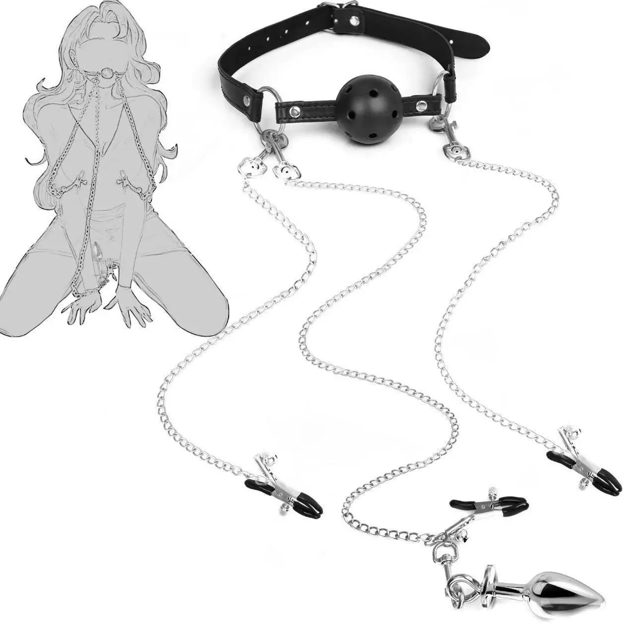 Набор для связывания с Ball Gag, анал plugs из нержавеющей стали и зажимы для сосков, регулируемая лямка