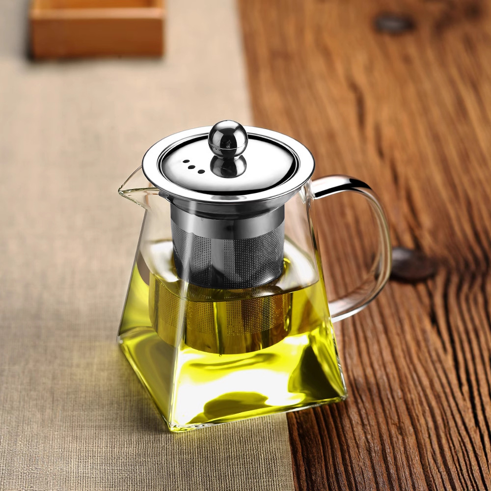 批发耐热玻璃不锈钢过滤泡茶壶可电陶炉加热方形高硼硅玻璃花茶壶