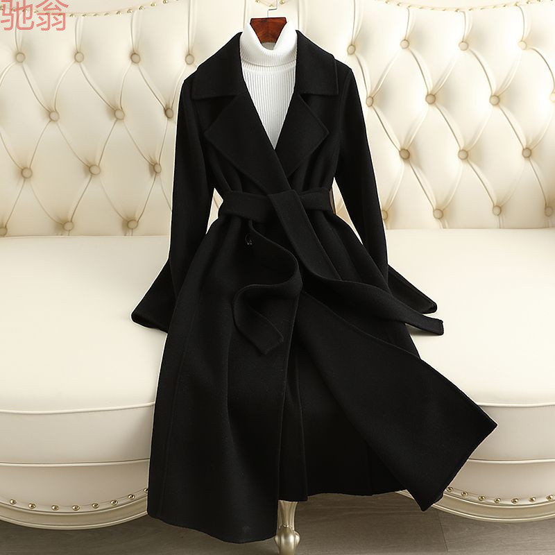 T8Y航帆2023秋冬新款反季双面羊毛大衣女中长款系带修身羊毛呢外