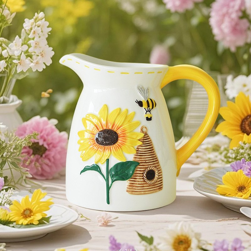 Arreglos florales de primavera, hervidor, abeja, lindo hervidor frío, cerámica de gran capacidad, cerámica en relieve creativa, olla de alto valor