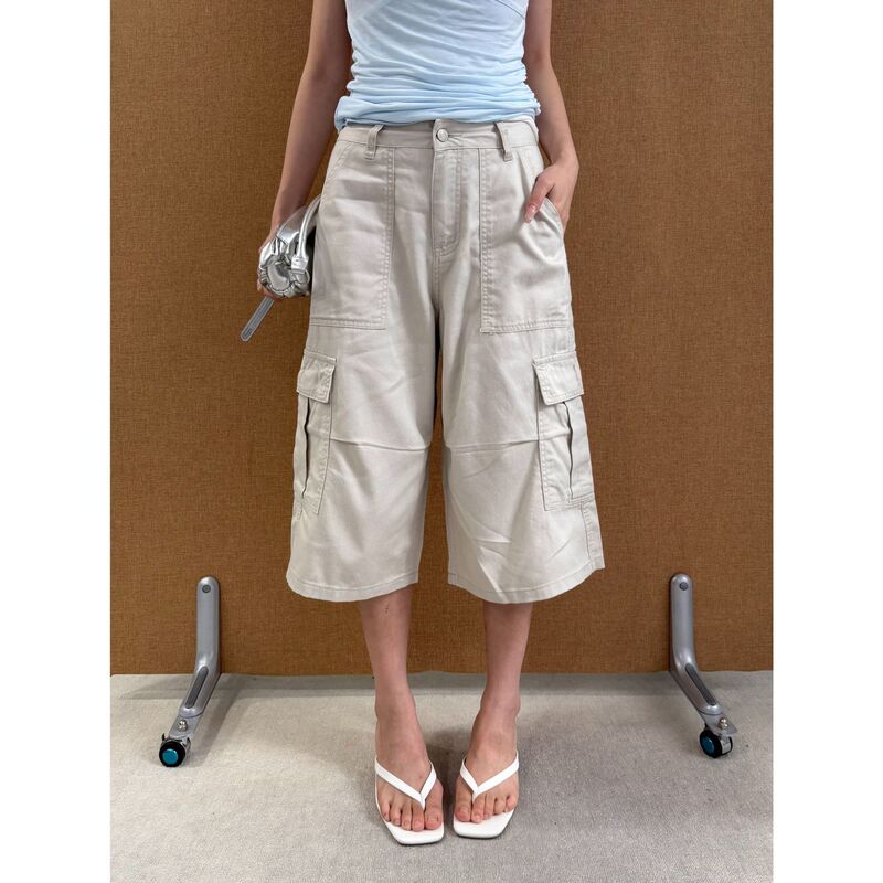 See 3L High-Waisted Workwear Denim Shorts for Women, Summer New Style, Large Pockets, Loose Fit, Slimming Straight-Leg Capri Pants 933