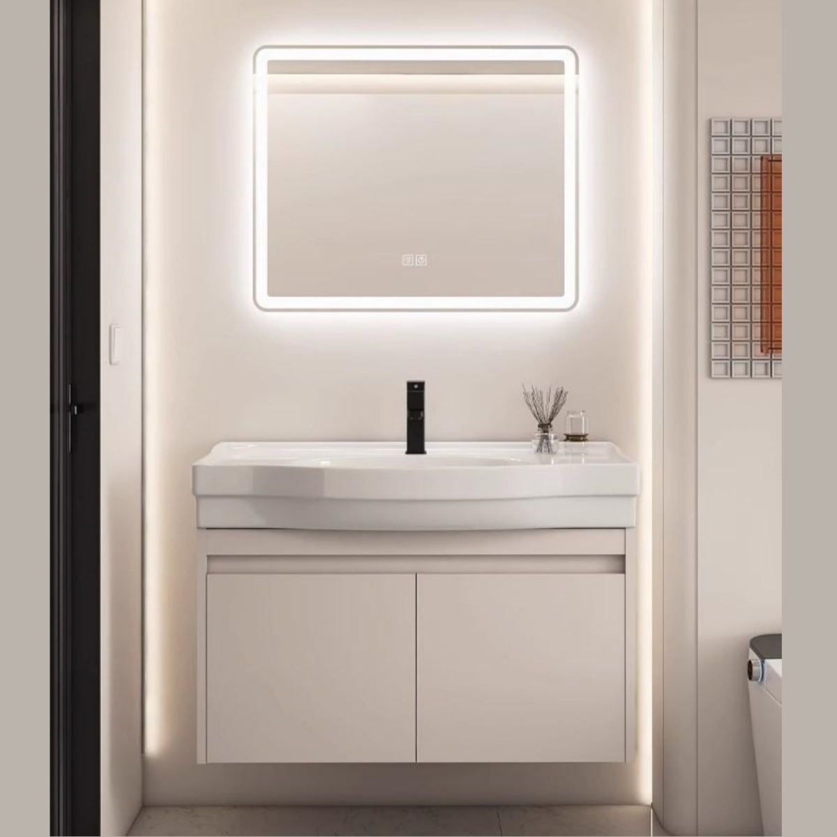 gabinete de baño de aluminio espacial de borde estrecho gabinete de lavabo tipo pequeño gabinete combinado de cerámica en el baño lavabo barra de agua