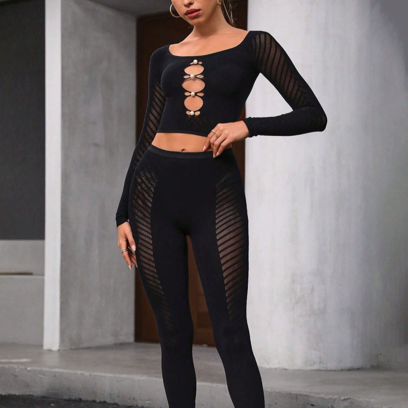 Высокое качество иностранный сексуальный европейский и американский стиль женский сплошной тонкий тонкий с длинными рукавами топ узкие брюки с высокой талией