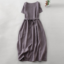 夏装新款2025棉麻文艺纯色短袖收腰裙子胖mm宽松显瘦亚麻连衣裙女