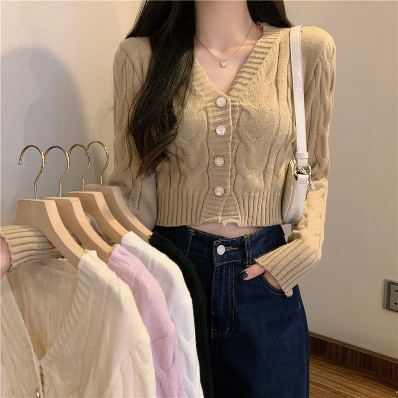 Korean style small V-neck twist sweater women's spring new autumn short knitted cardigan slim-fit slimming top