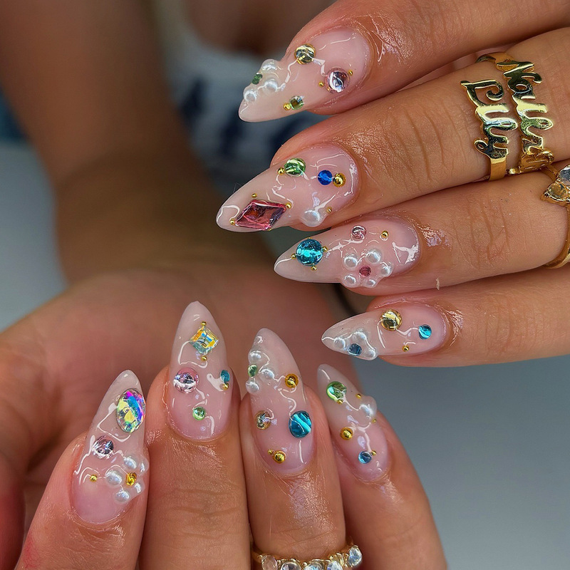 Trendy Foreign Trade Wearable Nail Pieces with a High-End Feel, Almond Nails Ins Style Super Shiny Colorful Diamond Irregular Gemstone Nail Stickers Trendy Foreign Trade Wearable Nail Pieces with a High-End Feel, Almond Nails Ins Style Super Shiny Colorful Diamond Irregular Gemstone Nail Stickers