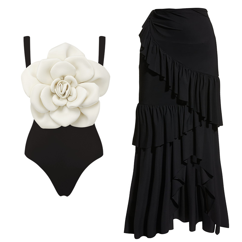 Damen Badeanzug Schwarz Weiß Mit Blumenmuster Für Den Strand_voghion.com