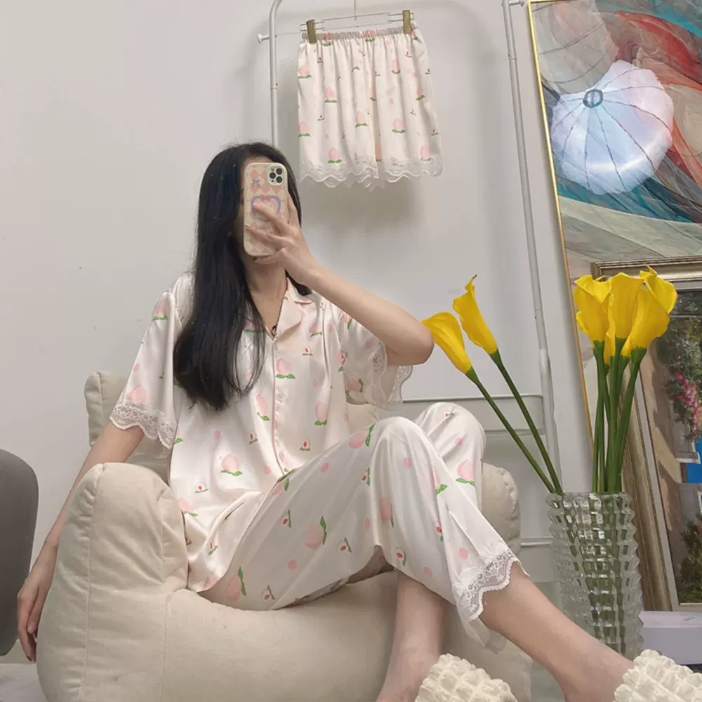 冰丝睡衣女夏季薄款短袖可外穿甜美蕾丝花边冰雪丝绸高级感家居服
