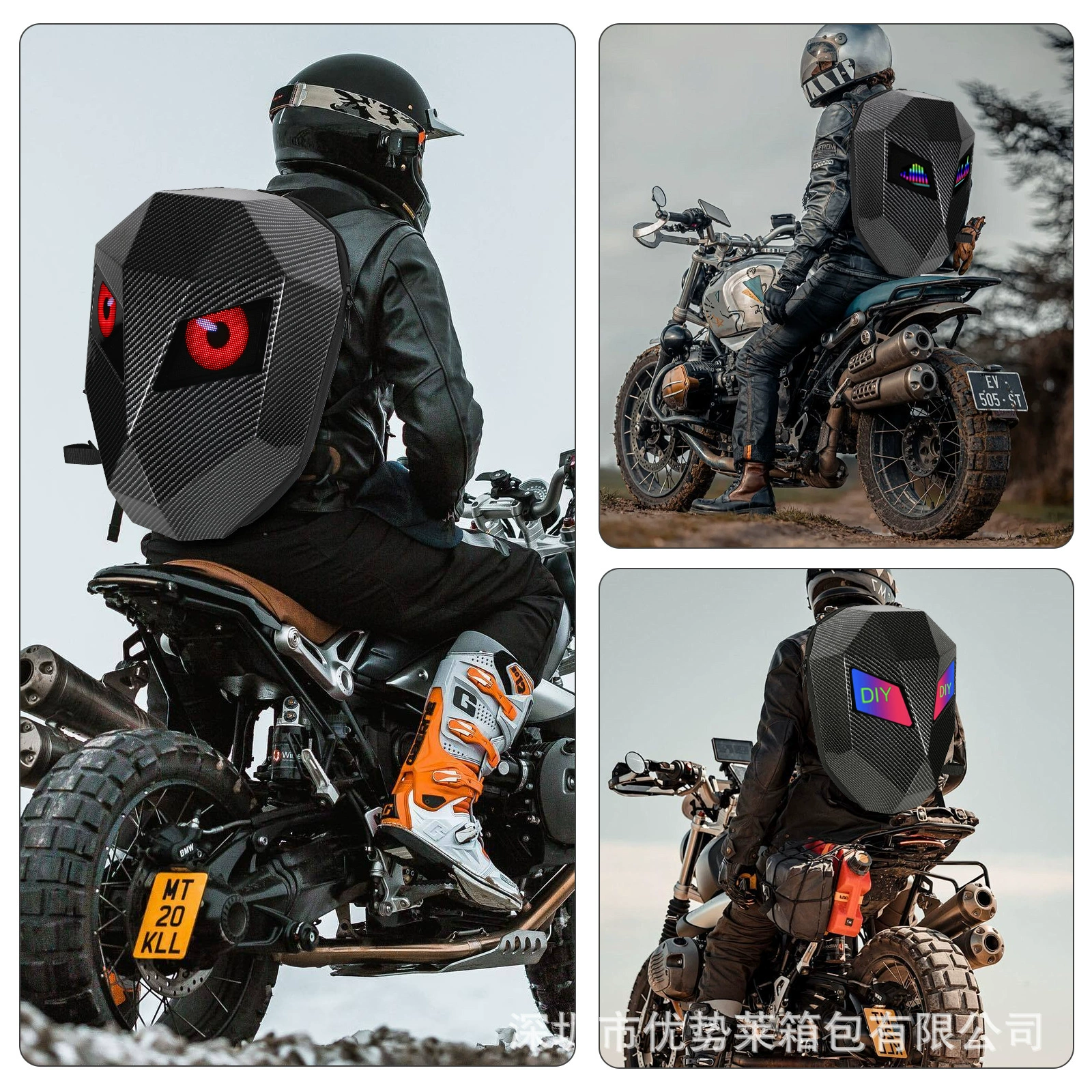 LOY Iron Man riding creative carbon stripes waterproof storage helmet Hosted expansion bag LED backpack