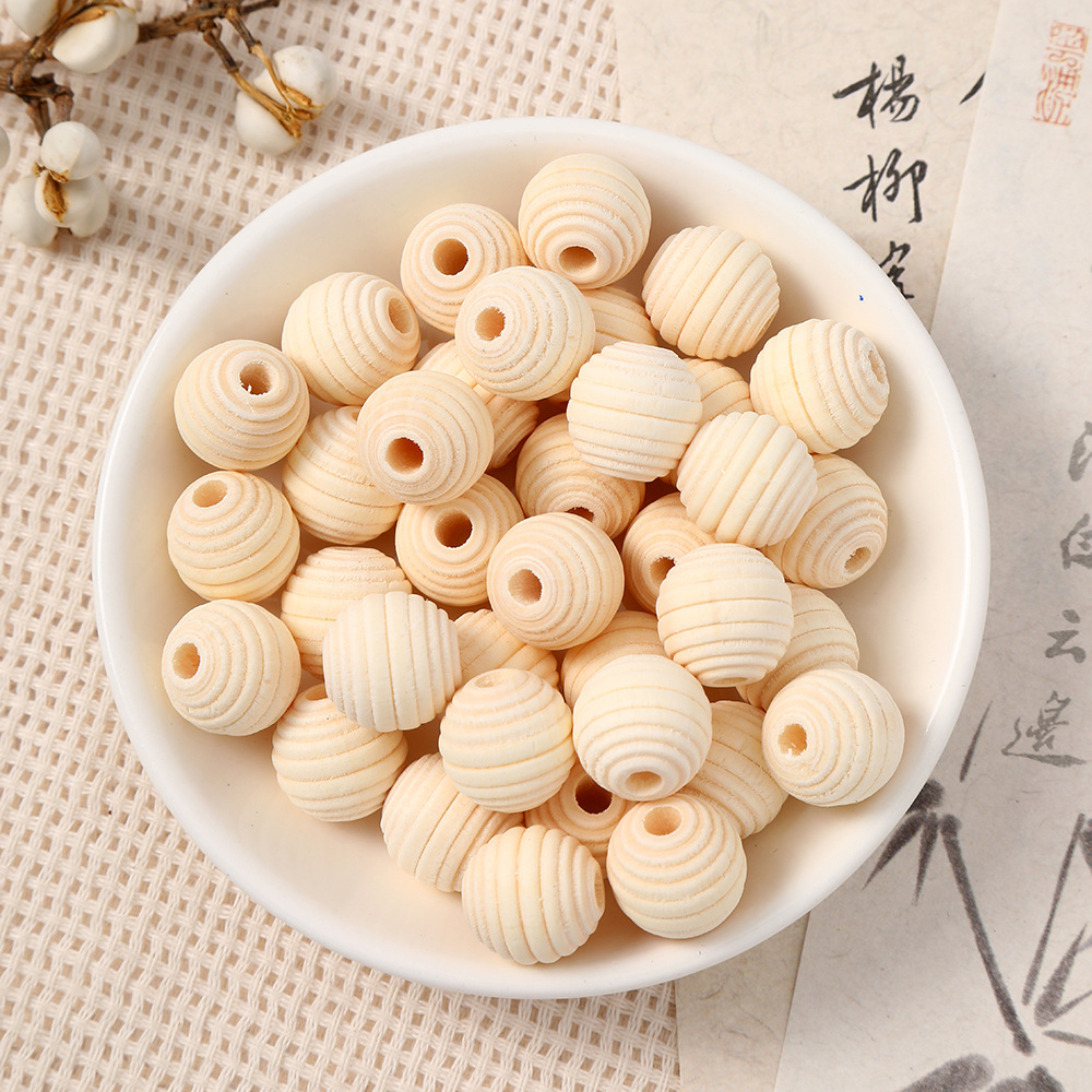 12-20mmDIY饰品配件木珠原木色螺纹珠细纹珠子木珠散珠厂家批发
