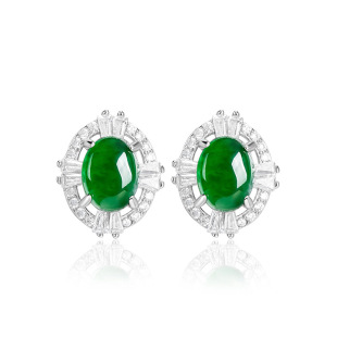 Natural A Jade Oval Egg Face Yang Green Earrings Ice Jade Fashion S925 Silver Inlay Women's Earrings