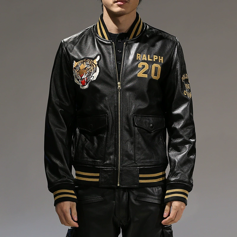 Baseball uniform, leather jacket, genuine leather, with embroidery